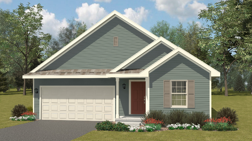 Exterior rendering of Sycamore 2 bed/2 bath floor plan. Country exterior style.